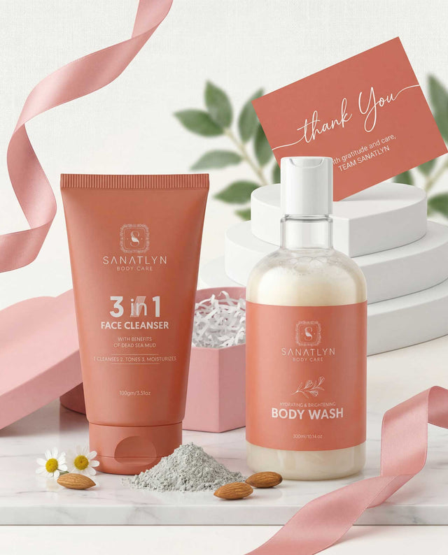 Sanatlyn skincare products including a face cleanser and body wash with a 'thank you' card in the background.