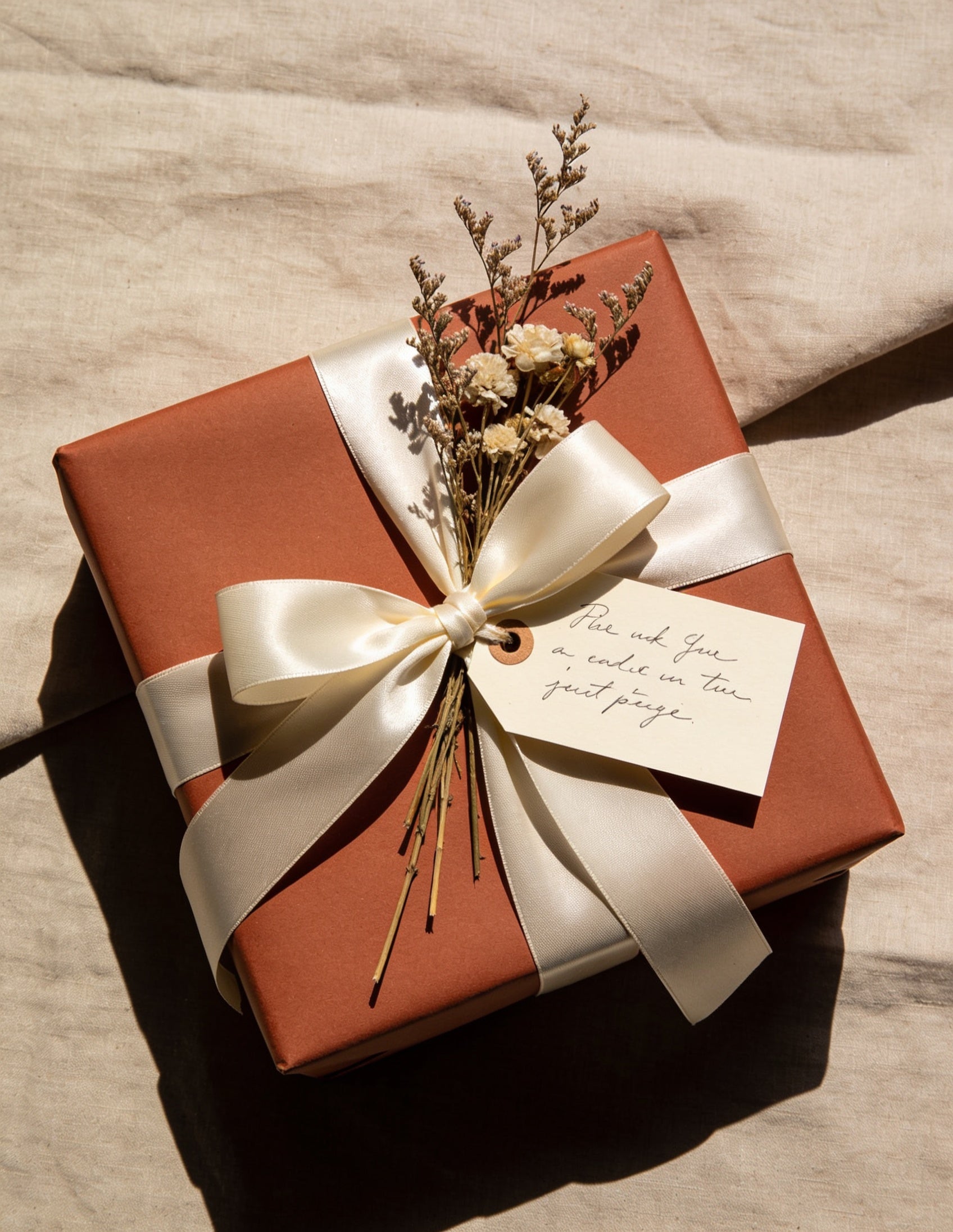Sanatlyn gifting collection, wrapped gift box with ribbon and dried flowers