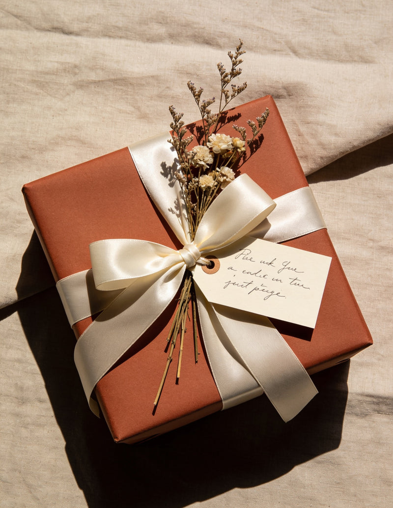 Sanatlyn gifting collection, wrapped gift box with ribbon and dried flowers