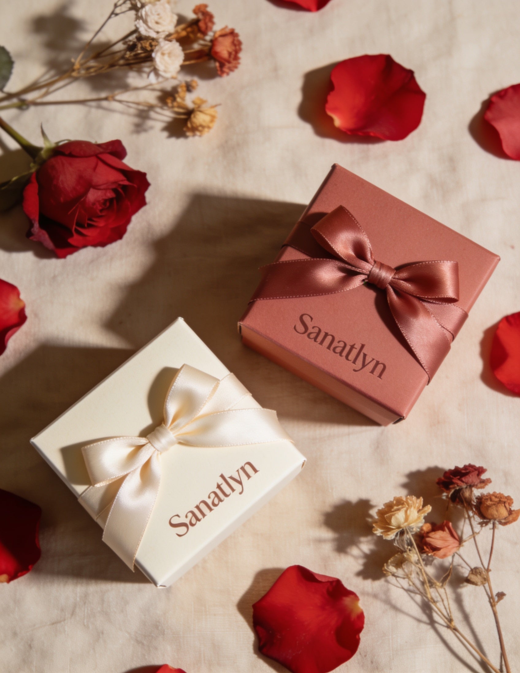 Sanatlyn Valentine's Vault gift sets, unbranded kraft and rose gift boxes with satin ribbons and scattered rose petals