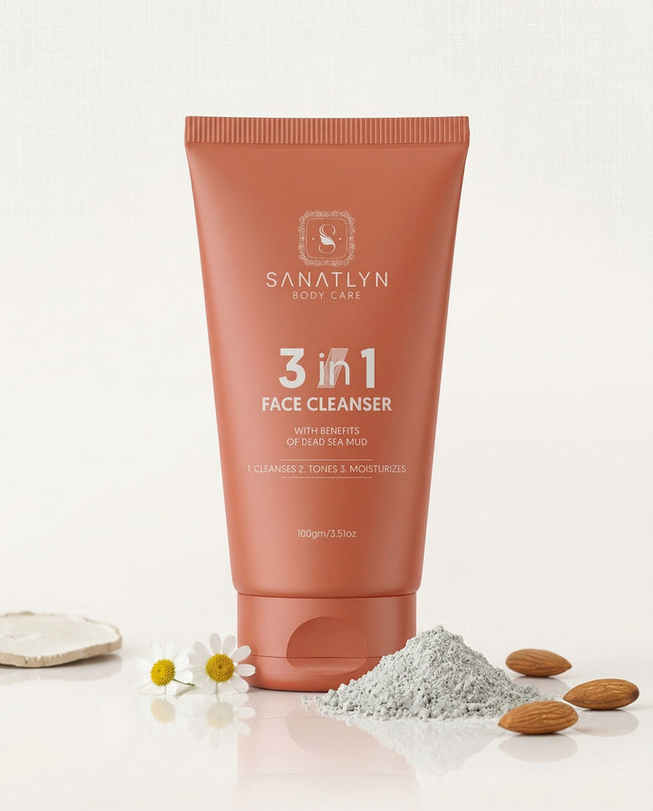 Sanatlyn 3-in-1 Face Cleanser tube with ingredients on a light background