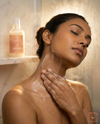 Woman washing her face with a bottle of Sanatlyn Hydrating & Brightening Body Wash in the background