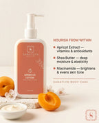 Sanatlyn Aprikoze Lotion bottle with apricot extract and shea butter on a light background
