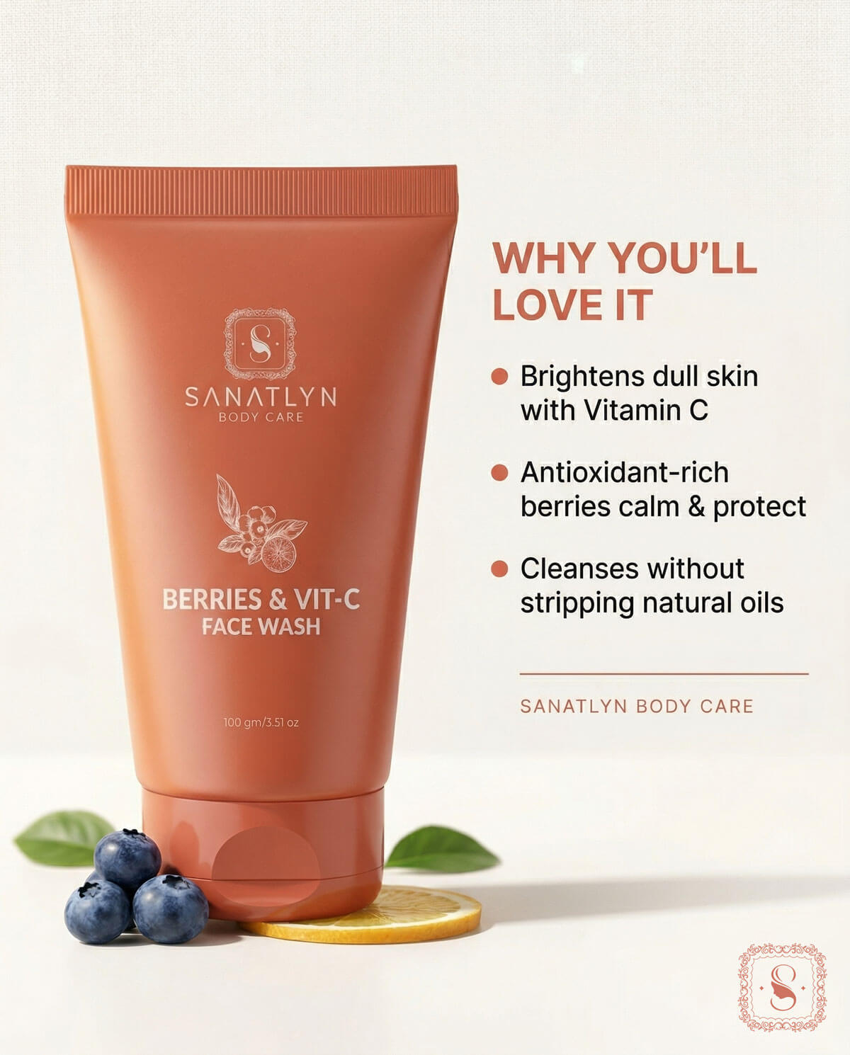 Sanatlyn Berries & Vit-C Face Wash with benefits listed on a light background