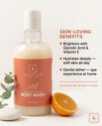 Sanatlyn Hydrating & Brightening Body Wash bottle with benefits listed on a light background