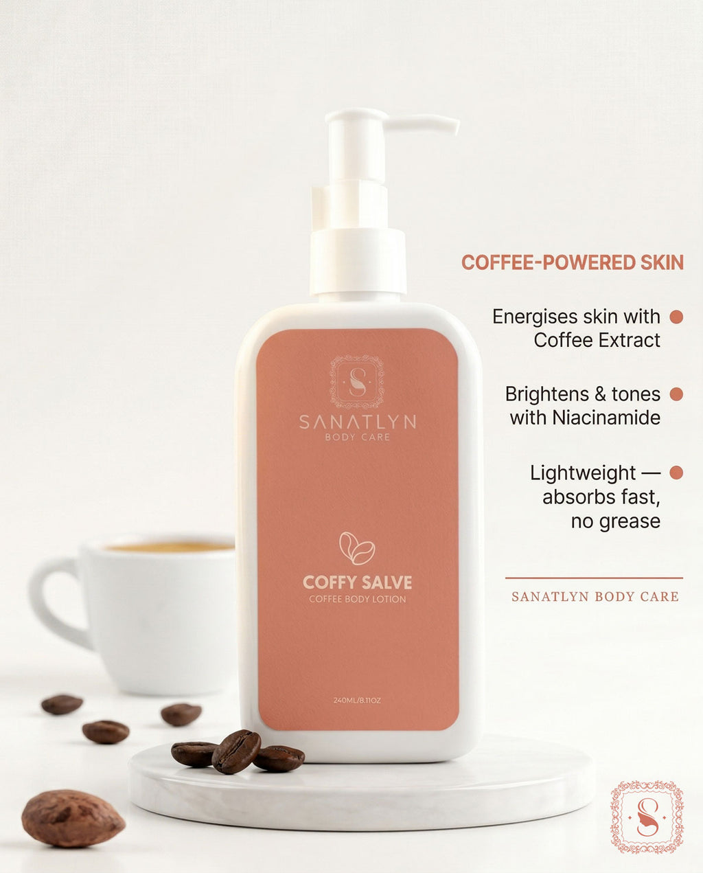 Sanatlyn Body Care  Coffy Salve  Body lotion  bottle with coffee beans and a cup on a white background