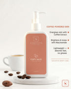 Sanatlyn Body Care  Coffy Salve  Body lotion  bottle with coffee beans and a cup on a white background