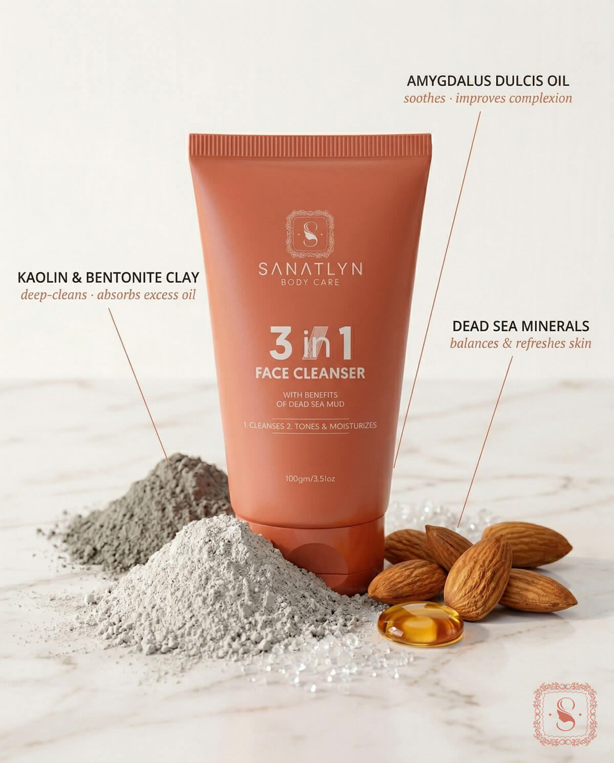 Sanatlyn 3-in-1 Face Cleanser with ingredients on a light background