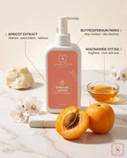 Sanatlyn apricot extract lotion bottle with apricots and cauliflower on a light background