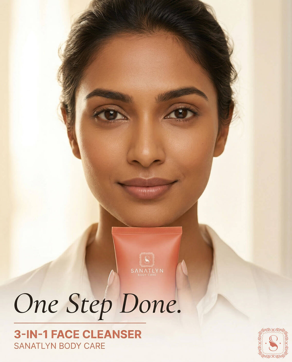 Woman with a Sanatlyn 3-in-1 Face Cleanser in front of her, with text 'One Step Done' and 'Sanatlyn Body Care'.