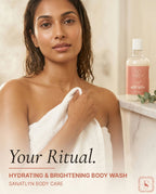 Woman wrapped in a towel with a bottle of Sanatlyn Hydrating & Brightening Body Wash in the background