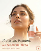 Woman holding a bottle of Sanatlyn Body Care all day cream with SPF 30, set against a bright background.