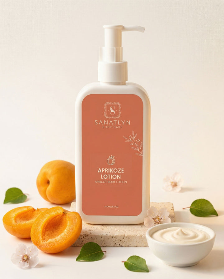 Sanatlyn apricotze lotion bottle with apricots and cream on a light background