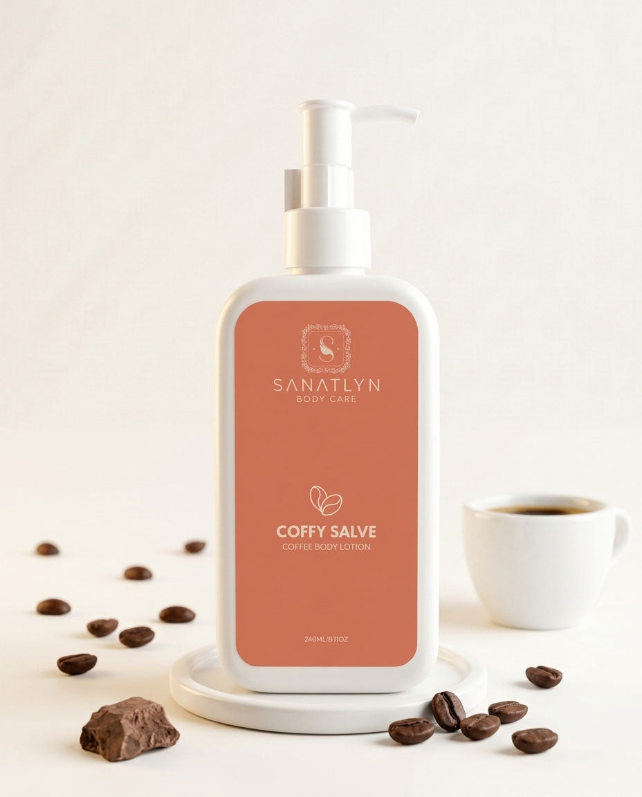 Bottle of Sanatlyn  Coffy Salve  Body lotion  with coffee beans and a cup on a light background